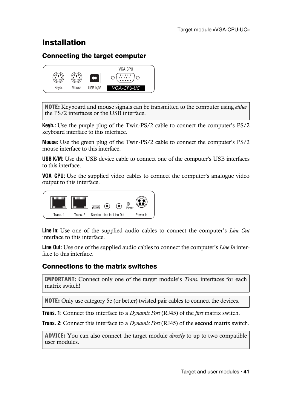 Installation, Connecting the target computer, Connections to the matrix switches | Guntermann & Drunck DVICenter DP16 Target Modules and User Modules - Standard Variants User Manual | Page 45 / 124