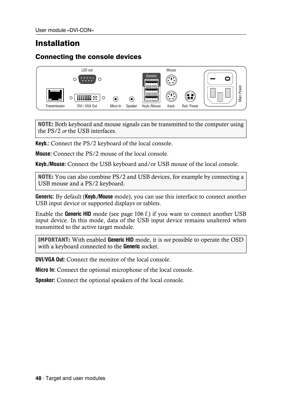 Installation, Connecting the console devices | Guntermann & Drunck DVICenter DP16 Target Modules and User Modules - Standard Variants User Manual | Page 52 / 124