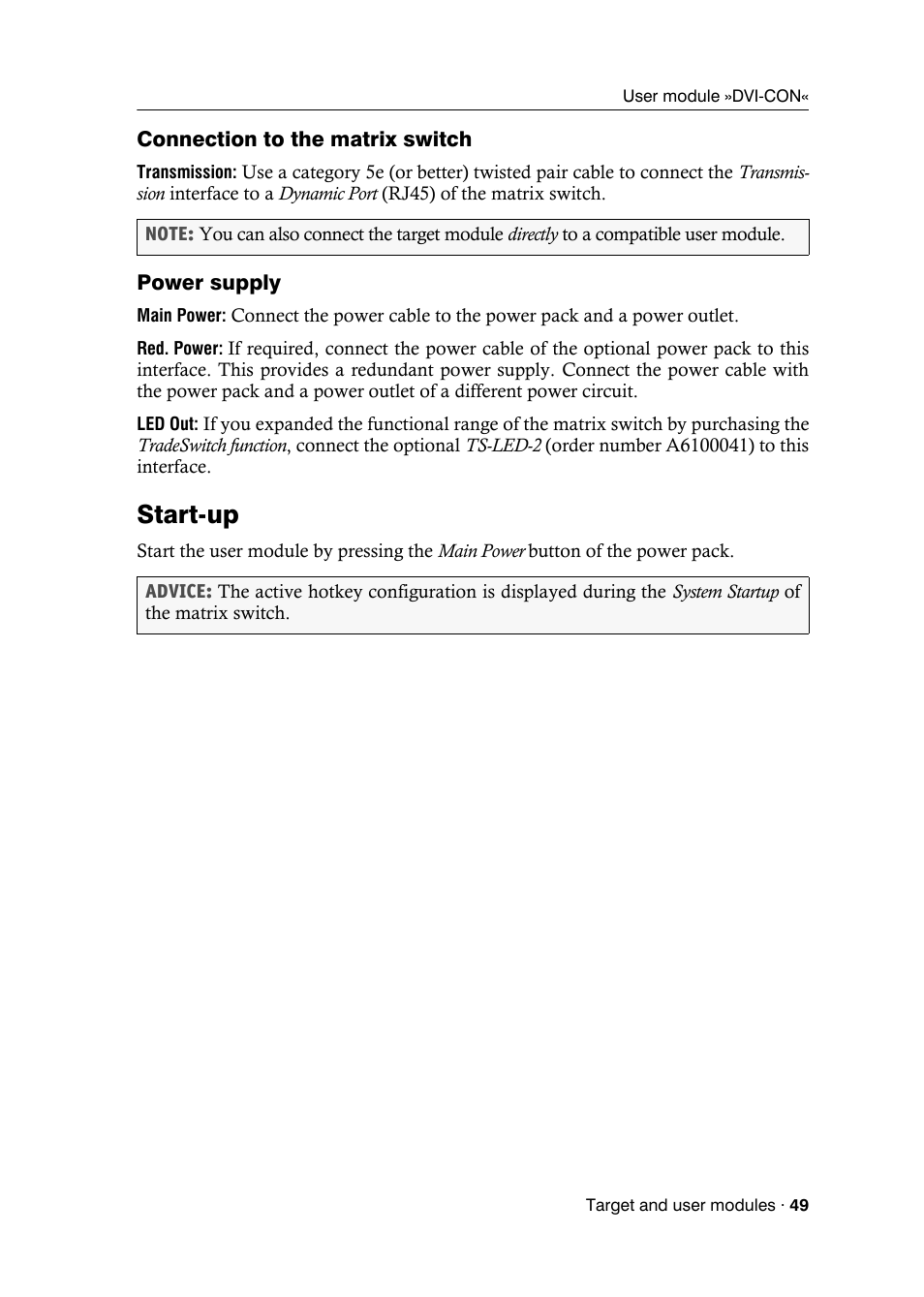 Connection to the matrix switch, Power supply, Start-up | Guntermann & Drunck DVICenter DP16 Target Modules and User Modules - Standard Variants User Manual | Page 53 / 124