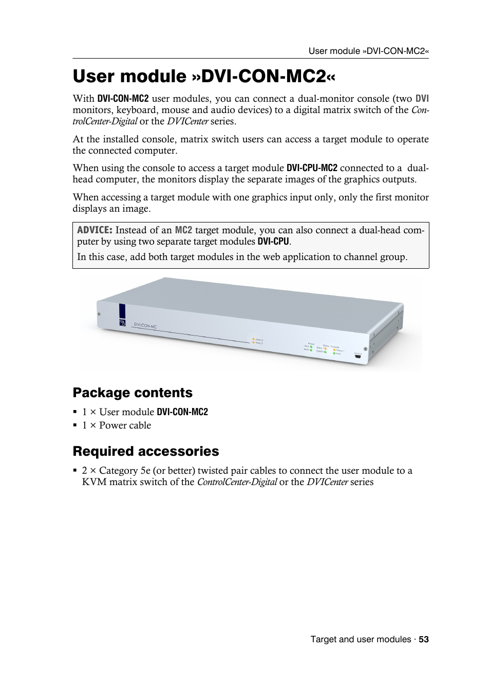 User module »dvi-con-mc2, Package contents, Required accessories | Guntermann & Drunck DVICenter DP16 Target Modules and User Modules - Standard Variants User Manual | Page 57 / 124