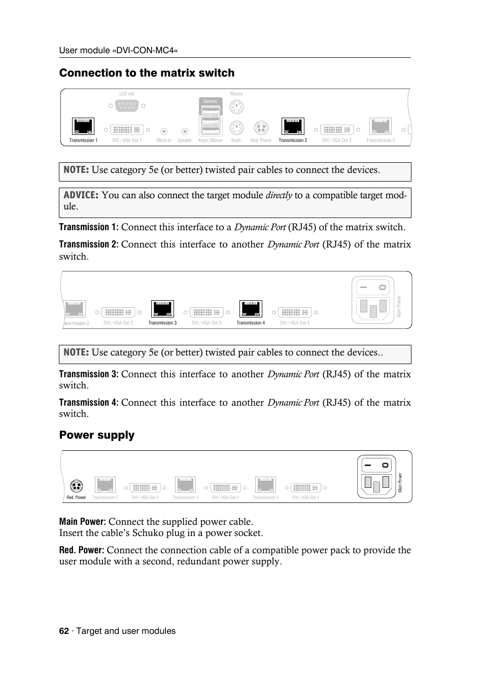 Connection to the matrix switch, Power supply, Transmission 1 | Transmission 2, Transmission 3, Transmission 4, Main power, Red. power | Guntermann & Drunck DVICenter DP16 Target Modules and User Modules - Standard Variants User Manual | Page 66 / 124