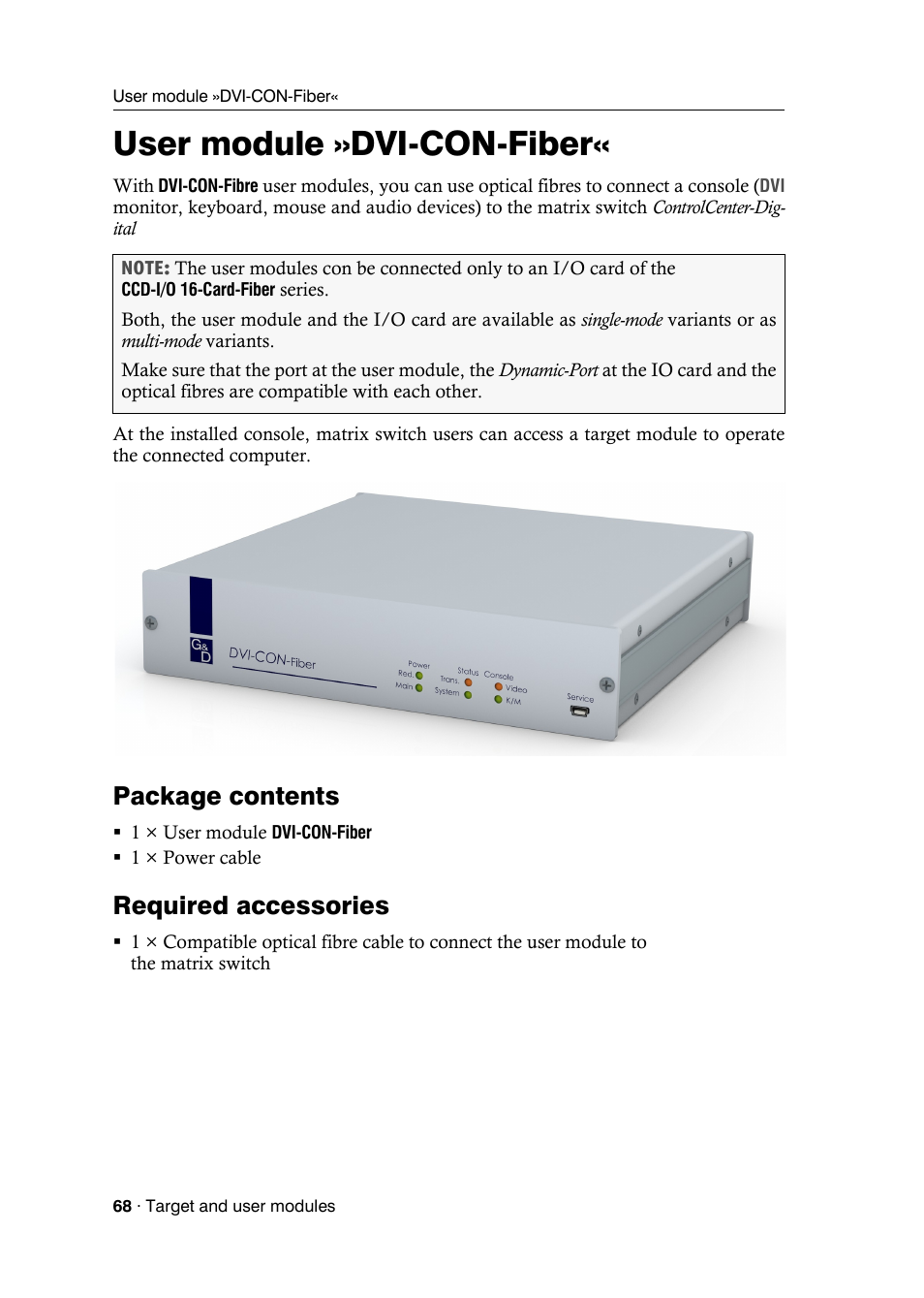 User module »dvi-con-fiber, Package contents, Required accessories | User module | Guntermann & Drunck DVICenter DP16 Target Modules and User Modules - Standard Variants User Manual | Page 72 / 124