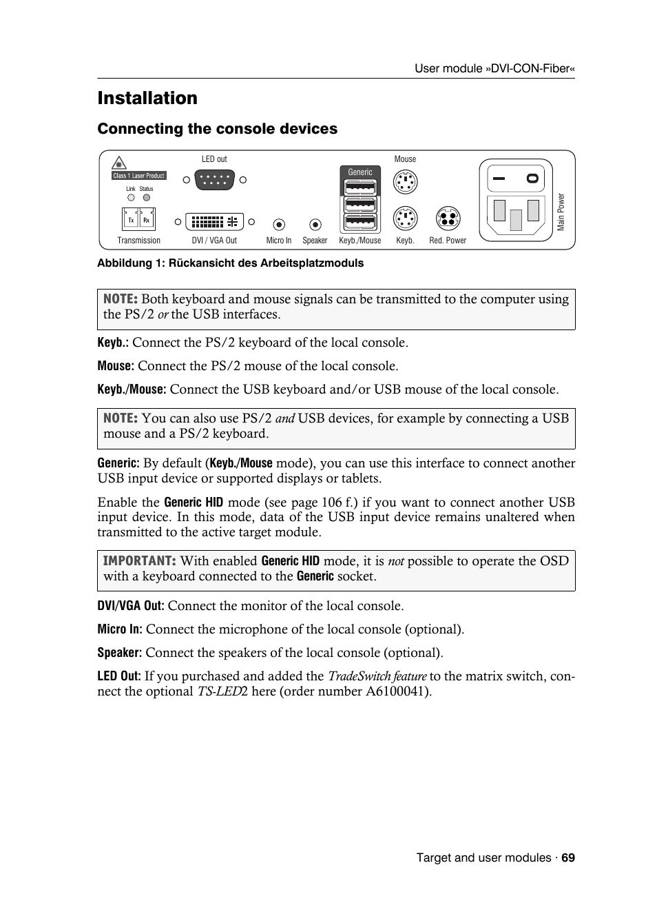 Installation, Connecting the console devices | Guntermann & Drunck DVICenter DP16 Target Modules and User Modules - Standard Variants User Manual | Page 73 / 124