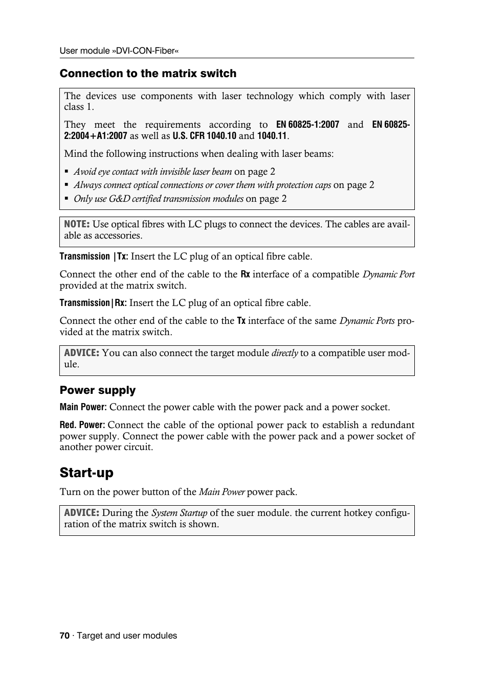 Connection to the matrix switch, Power supply, Start-up | Guntermann & Drunck DVICenter DP16 Target Modules and User Modules - Standard Variants User Manual | Page 74 / 124
