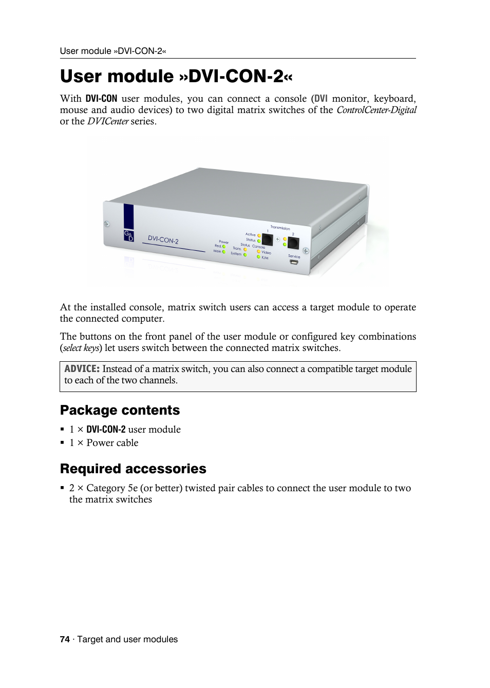 User module »dvi-con-2, Package contents, Required accessories | Guntermann & Drunck DVICenter DP16 Target Modules and User Modules - Standard Variants User Manual | Page 78 / 124