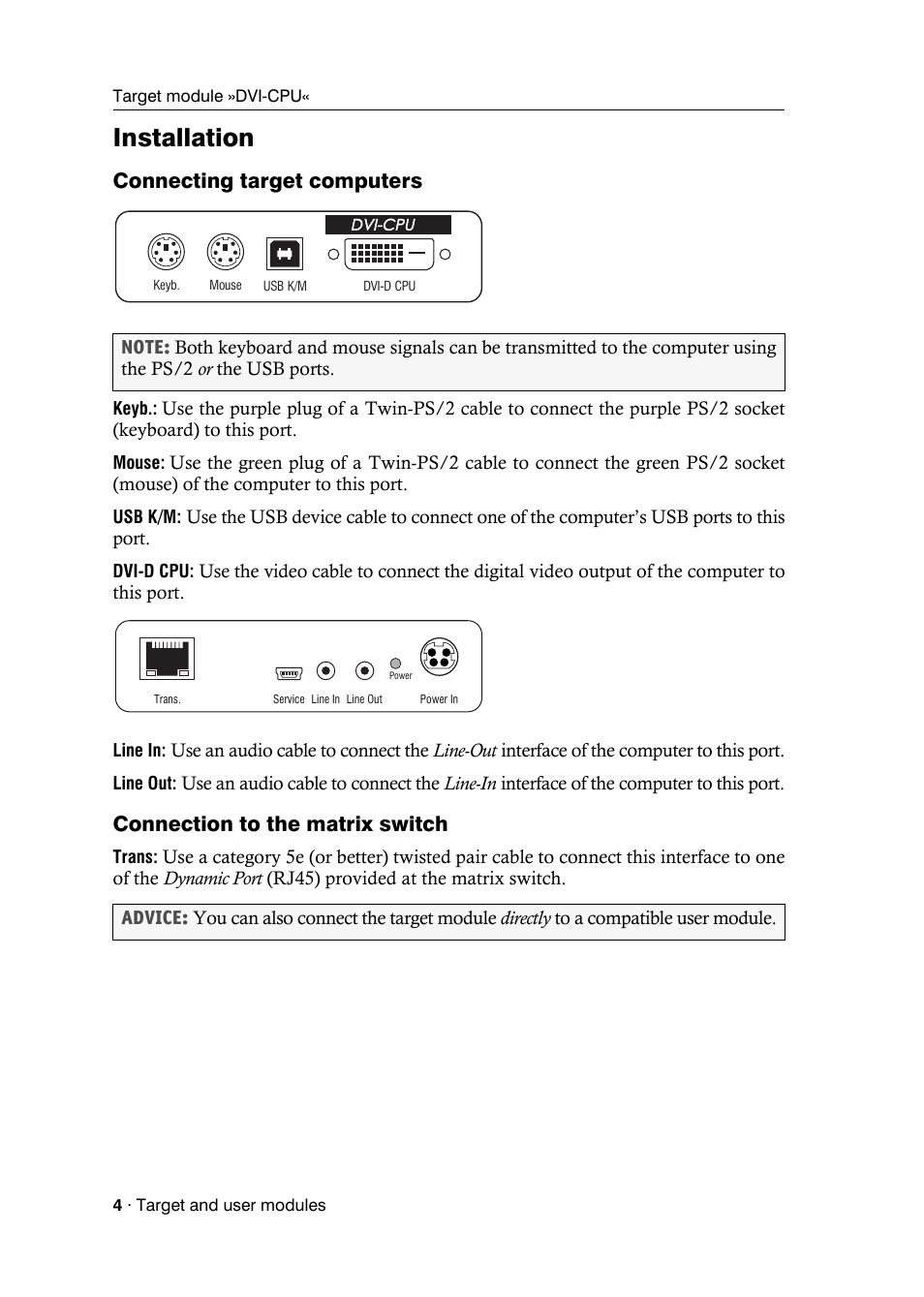 Installation, Connecting target computers, Connection to the matrix switch | Guntermann & Drunck DVICenter DP16 Target Modules and User Modules - Standard Variants User Manual | Page 8 / 124