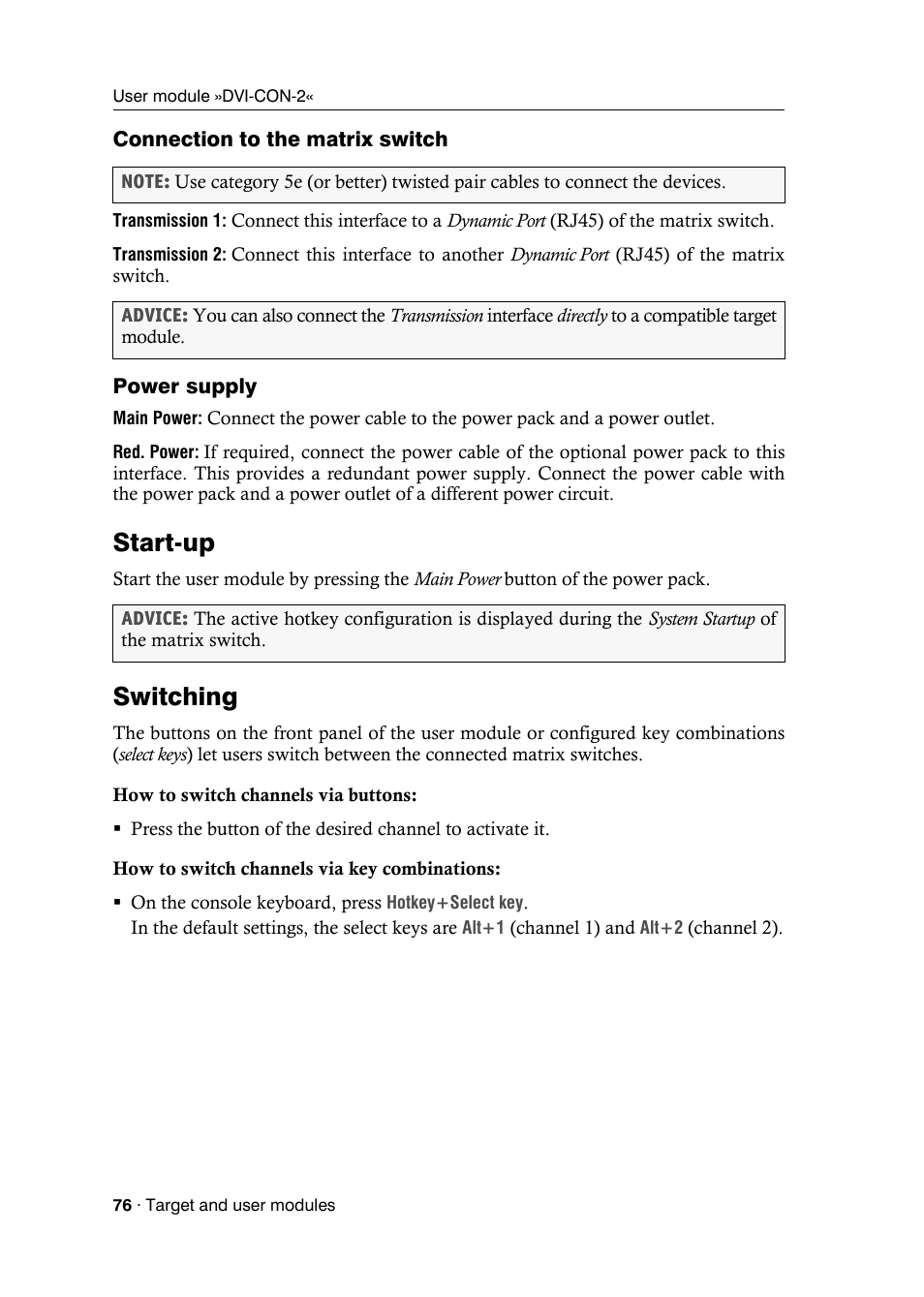 Connection to the matrix switch, Power supply, Start-up | Switching | Guntermann & Drunck DVICenter DP16 Target Modules and User Modules - Standard Variants User Manual | Page 80 / 124