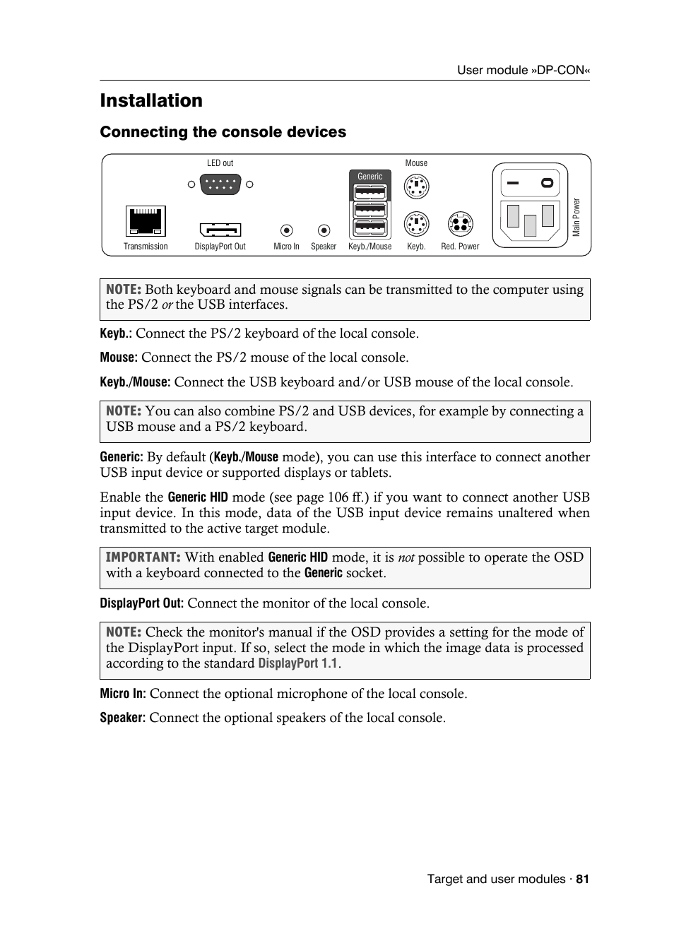 Installation, Connecting the console devices | Guntermann & Drunck DVICenter DP16 Target Modules and User Modules - Standard Variants User Manual | Page 85 / 124