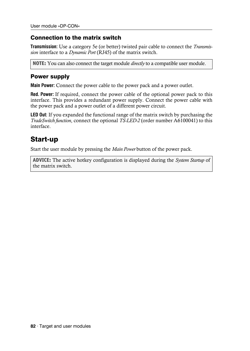 Connection to the matrix switch, Power supply, Start-up | Guntermann & Drunck DVICenter DP16 Target Modules and User Modules - Standard Variants User Manual | Page 86 / 124