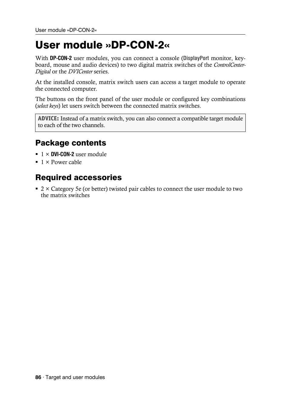 User module »dp-con-2, Package contents, Required accessories | Guntermann & Drunck DVICenter DP16 Target Modules and User Modules - Standard Variants User Manual | Page 90 / 124