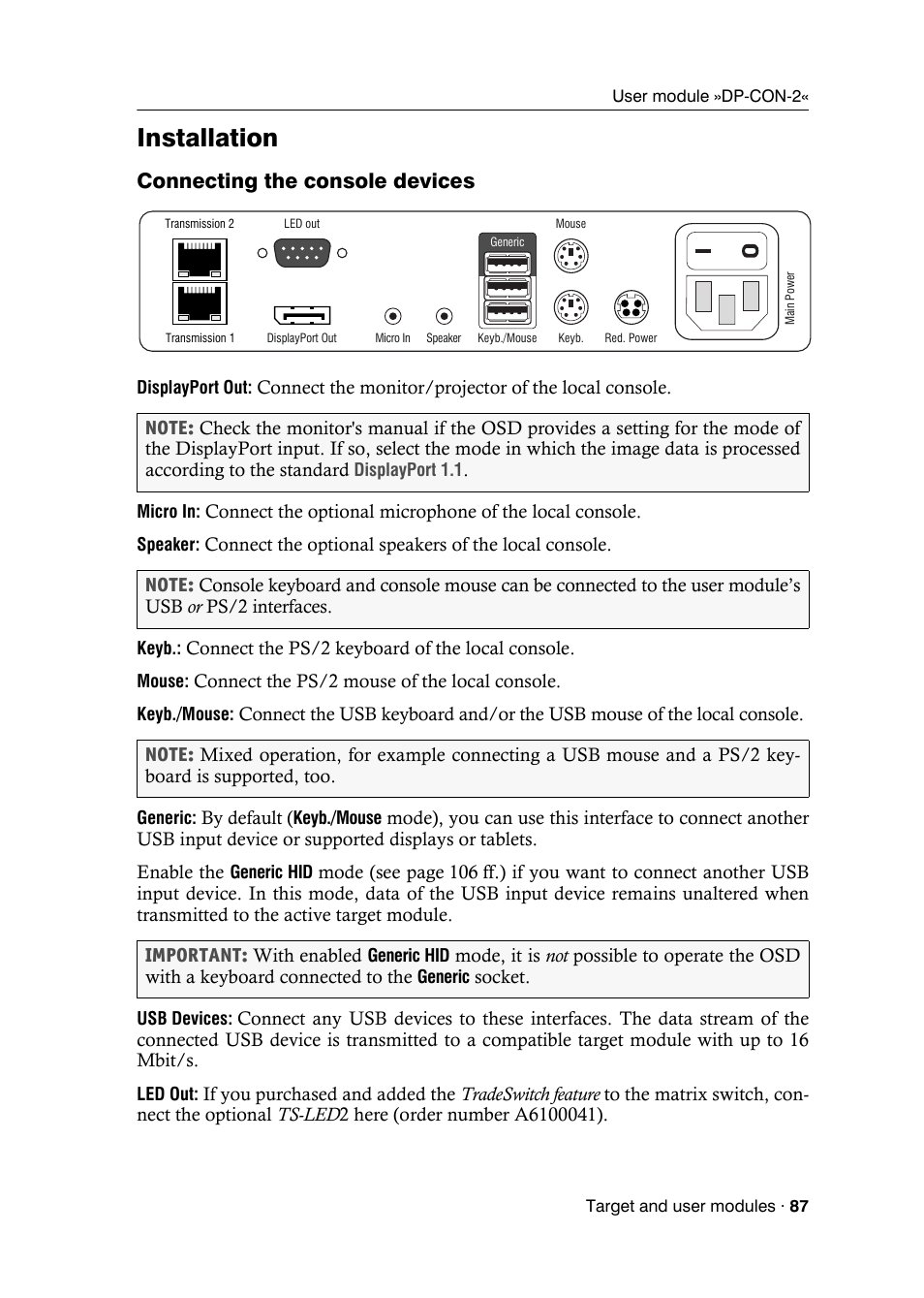 Installation, Connecting the console devices | Guntermann & Drunck DVICenter DP16 Target Modules and User Modules - Standard Variants User Manual | Page 91 / 124