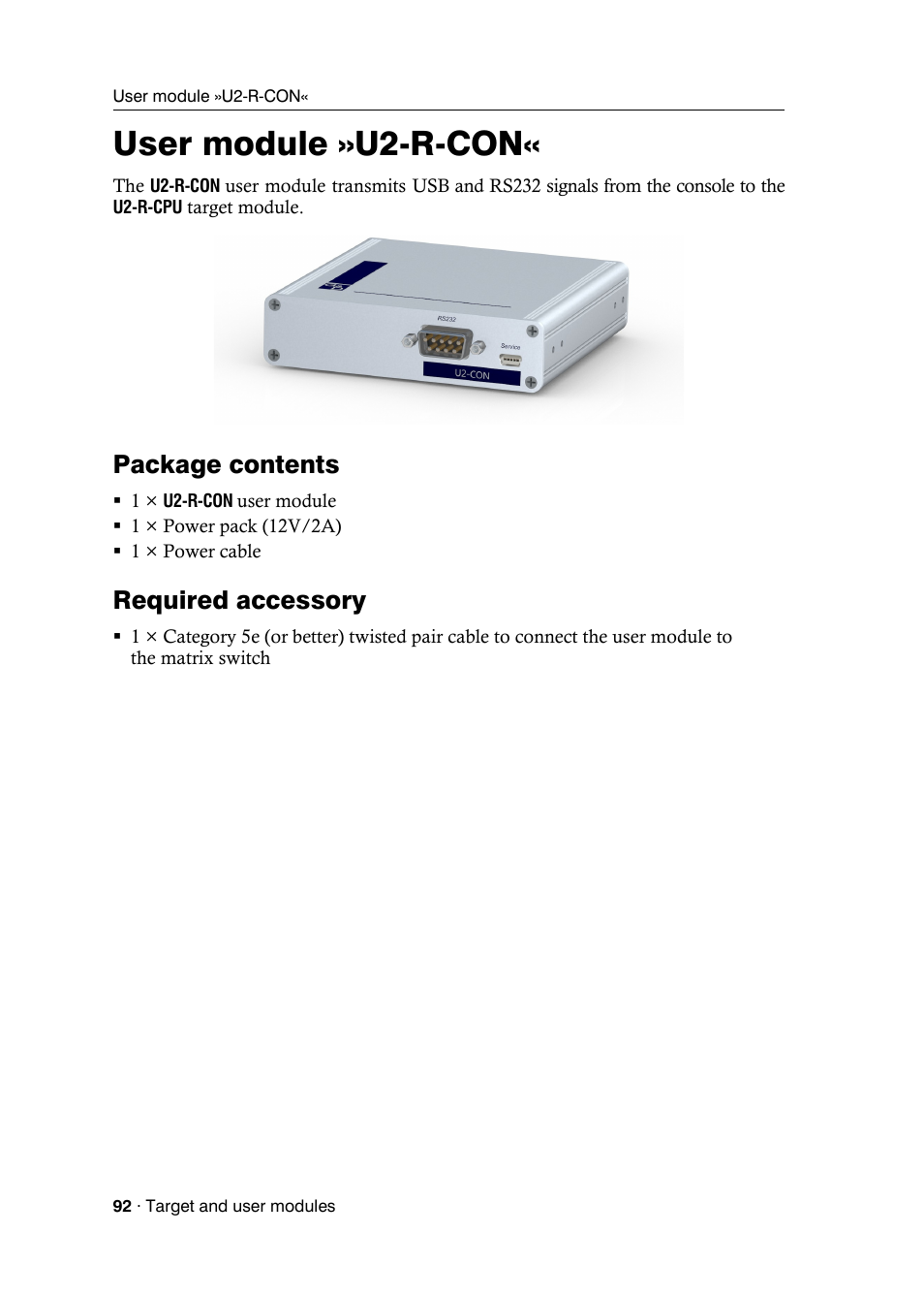 User module »u2-r-con, Package contents, Required accessory | User module | Guntermann & Drunck DVICenter DP16 Target Modules and User Modules - Standard Variants User Manual | Page 96 / 124