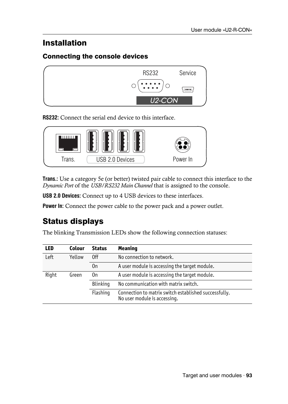 Installation, Connecting the console devices, Status displays | Guntermann & Drunck DVICenter DP16 Target Modules and User Modules - Standard Variants User Manual | Page 97 / 124