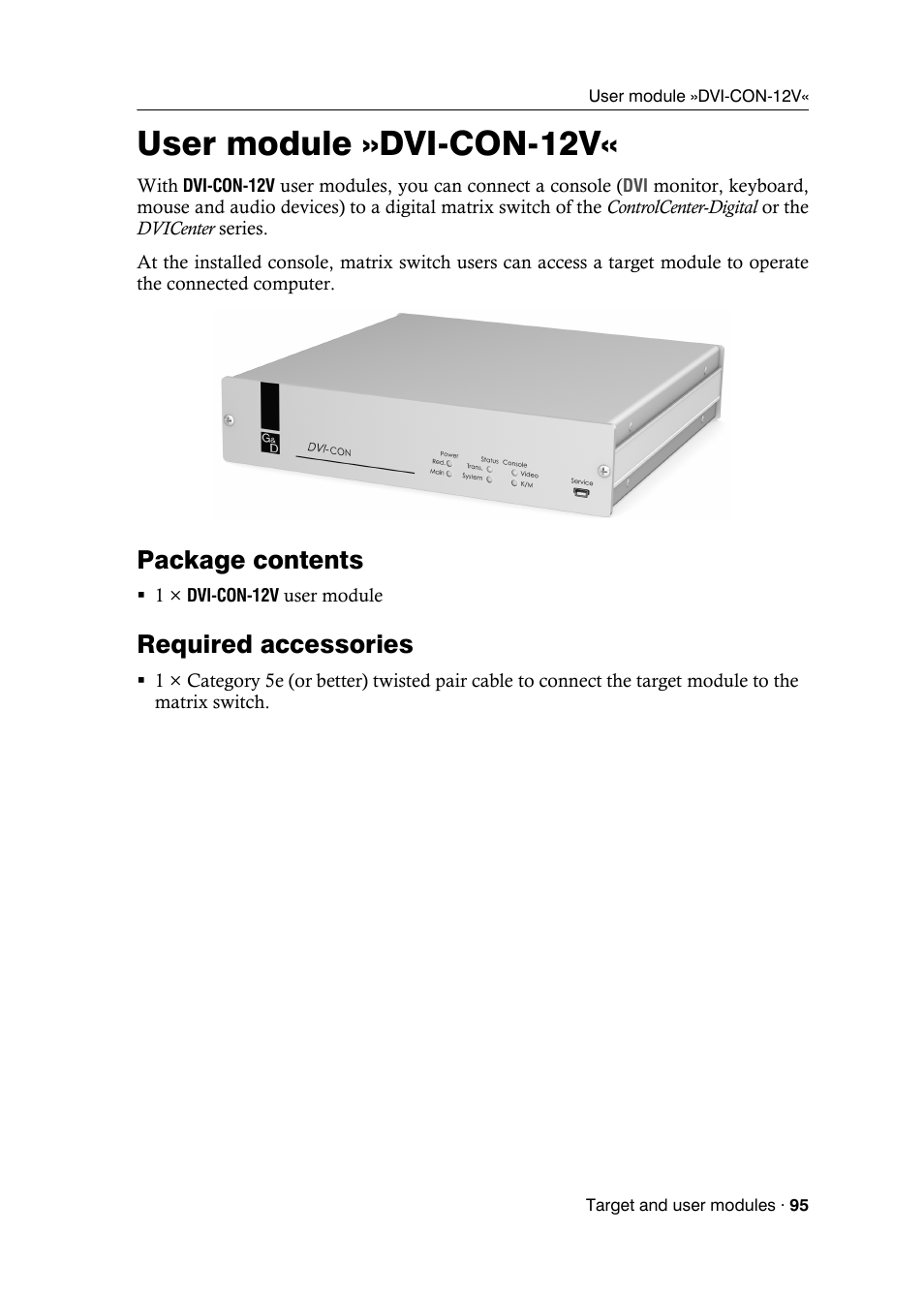 User module »dvi-con-12v, Package contents, Required accessories | Guntermann & Drunck DVICenter DP16 Target Modules and User Modules - Standard Variants User Manual | Page 99 / 124