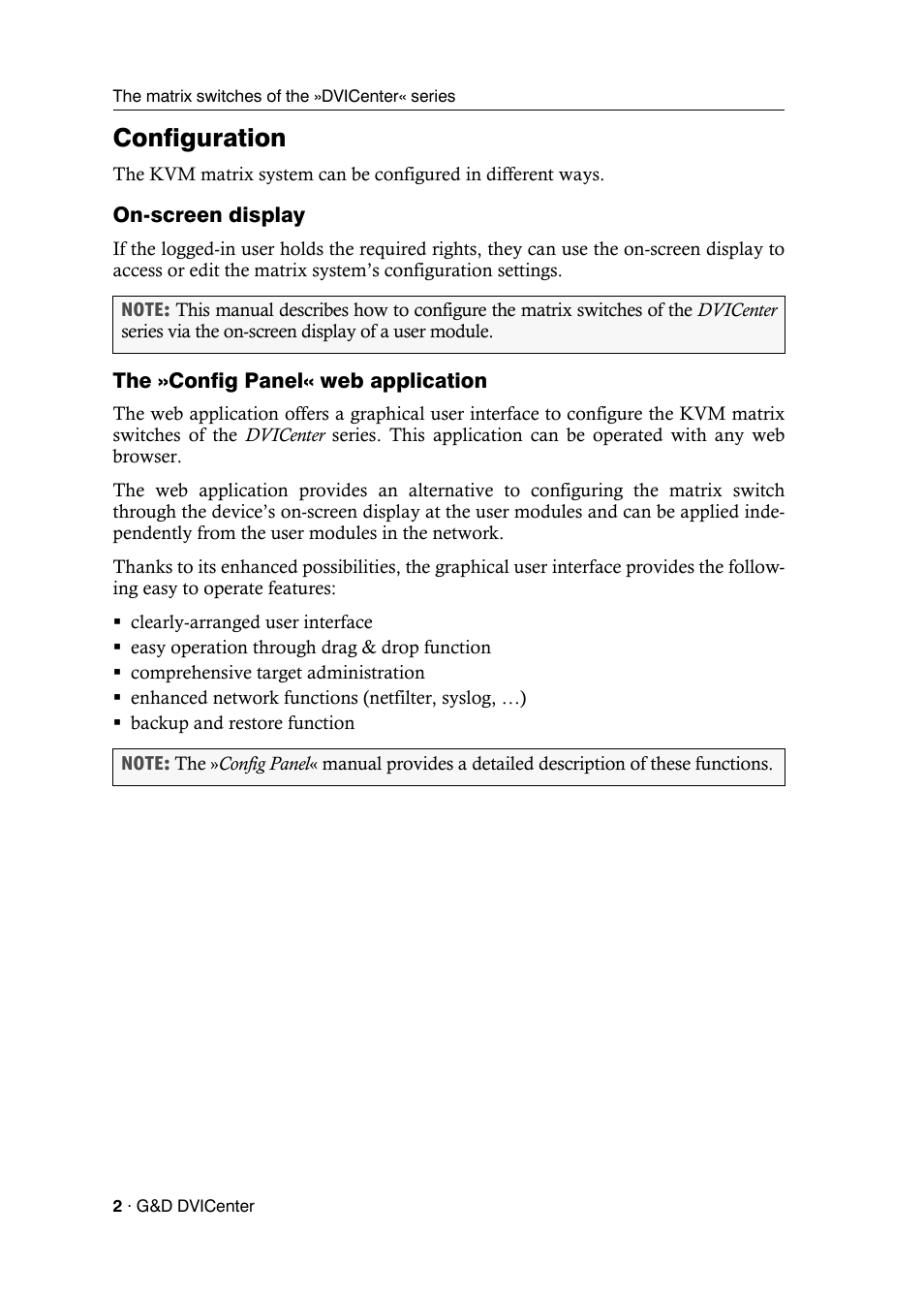 Configuration, On-screen display, The »config panel« web application | Guntermann & Drunck DVICenter DP16 Configuration and Operation User Manual | Page 10 / 152