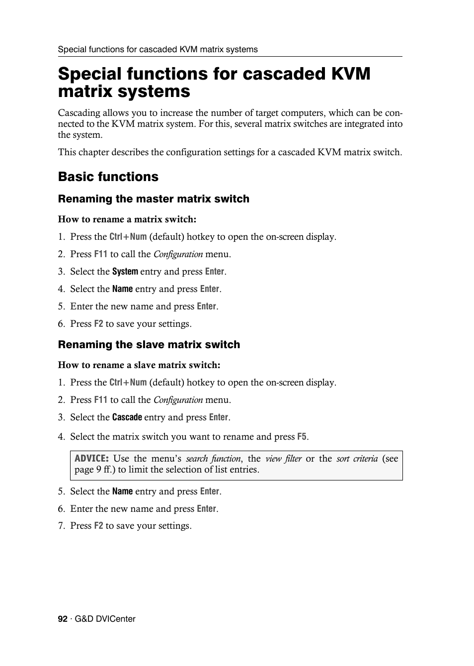 Special functions for cascaded kvm matrix systems, Basic functions, Renaming the master matrix switch | Renaming the slave matrix switch | Guntermann & Drunck DVICenter DP16 Configuration and Operation User Manual | Page 100 / 152