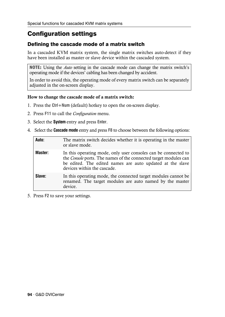 Configuration settings, Defining the cascade mode of a matrix switch | Guntermann & Drunck DVICenter DP16 Configuration and Operation User Manual | Page 102 / 152