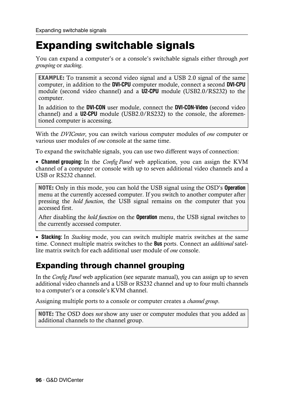 Expanding switchable signals, Expanding through channel grouping | Guntermann & Drunck DVICenter DP16 Configuration and Operation User Manual | Page 104 / 152