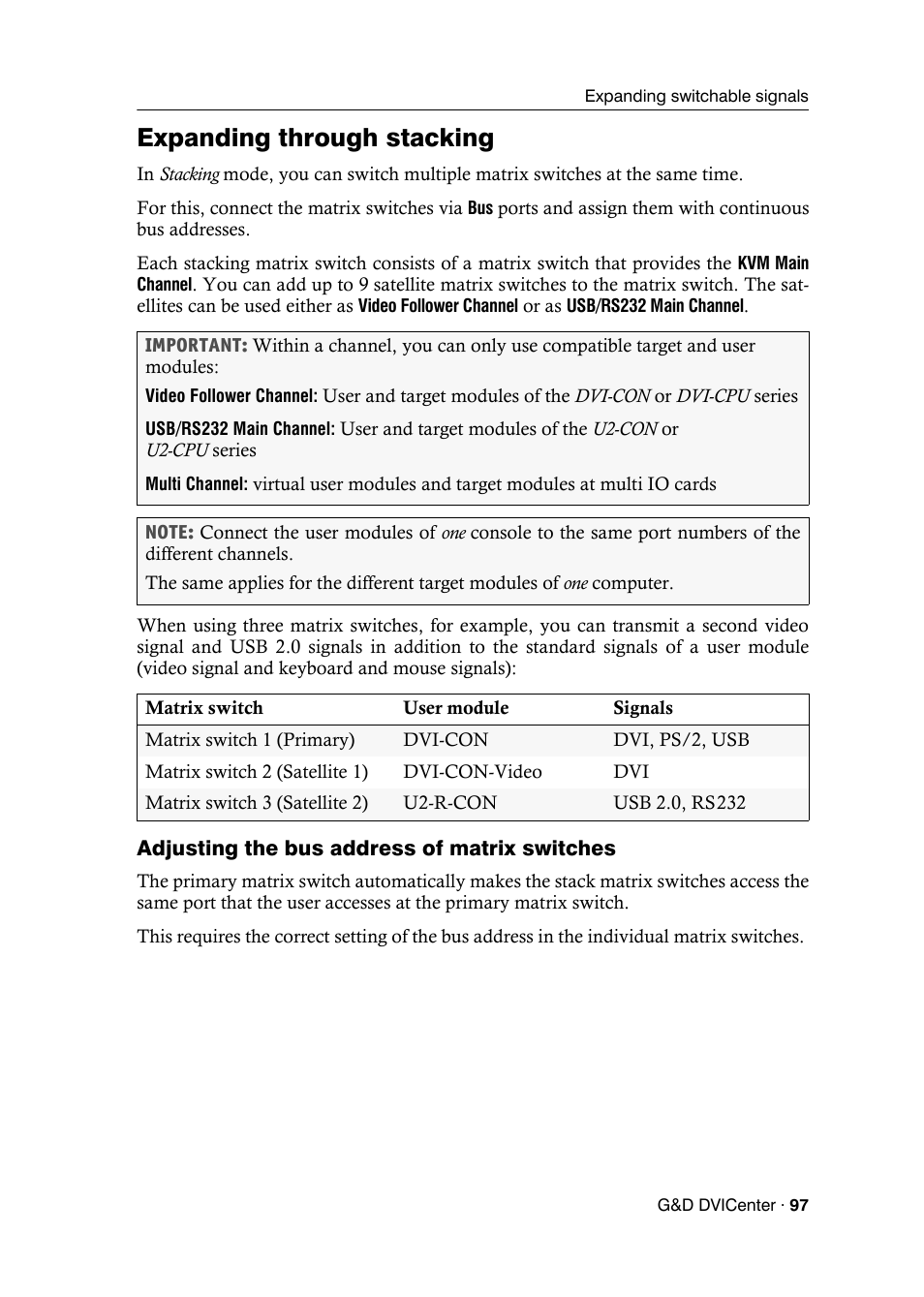 Expanding through stacking, Adjusting the bus address of matrix switches | Guntermann & Drunck DVICenter DP16 Configuration and Operation User Manual | Page 105 / 152