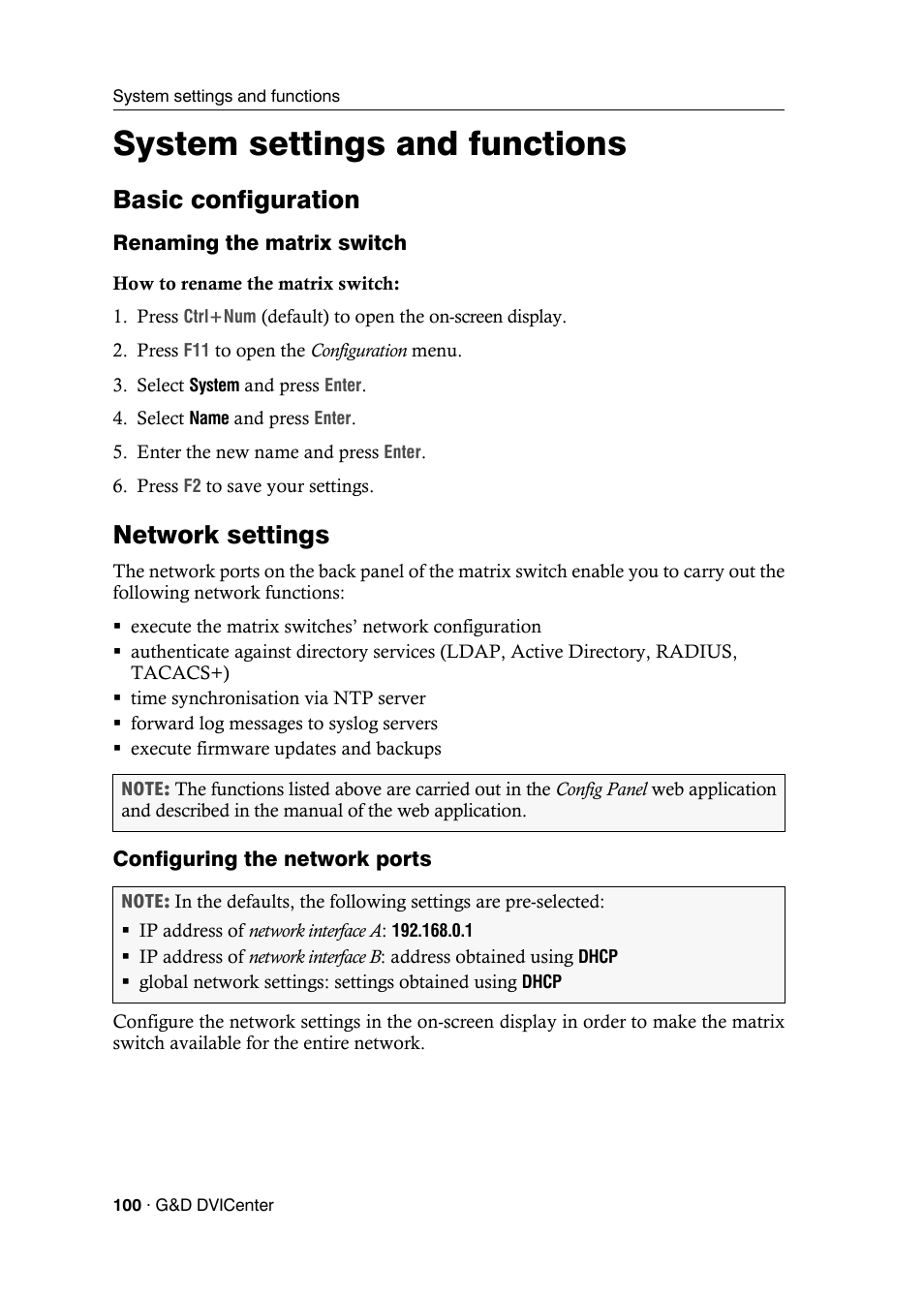 System settings and functions, Basic configuration, Renaming the matrix switch | Network settings, Configuring the network ports | Guntermann & Drunck DVICenter DP16 Configuration and Operation User Manual | Page 108 / 152