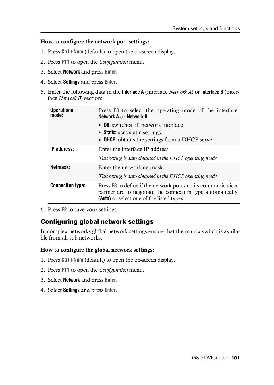 Configuring global network settings | Guntermann & Drunck DVICenter DP16 Configuration and Operation User Manual | Page 109 / 152