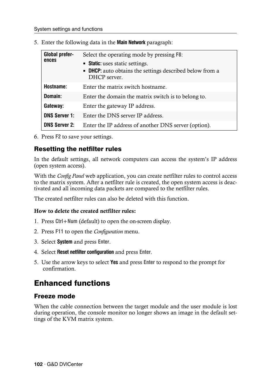 Resetting the netfilter rules, Enhanced functions, Freeze mode | Guntermann & Drunck DVICenter DP16 Configuration and Operation User Manual | Page 110 / 152
