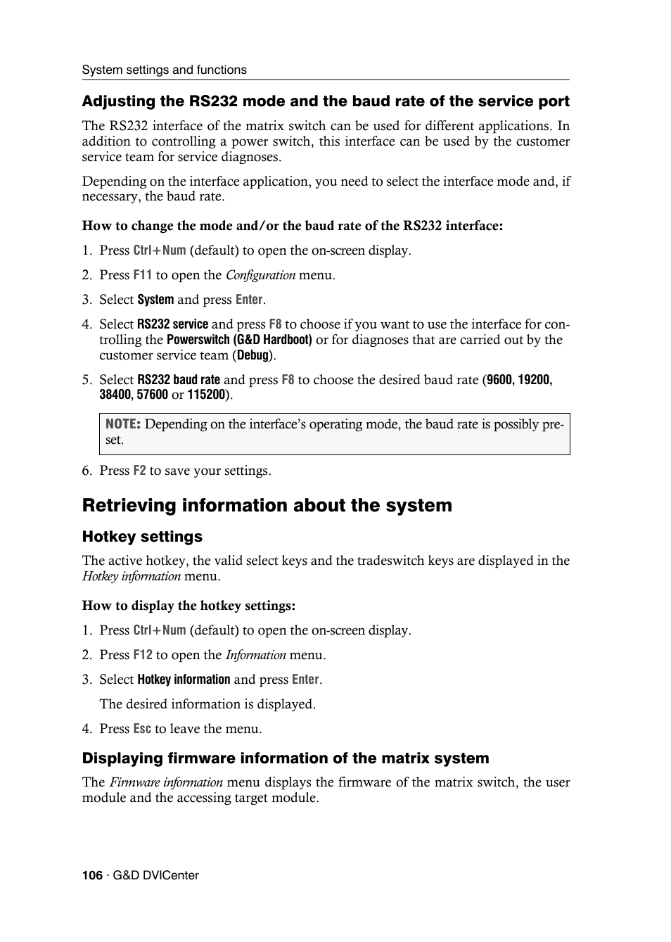 Retrieving information about the system, Hotkey settings | Guntermann & Drunck DVICenter DP16 Configuration and Operation User Manual | Page 114 / 152