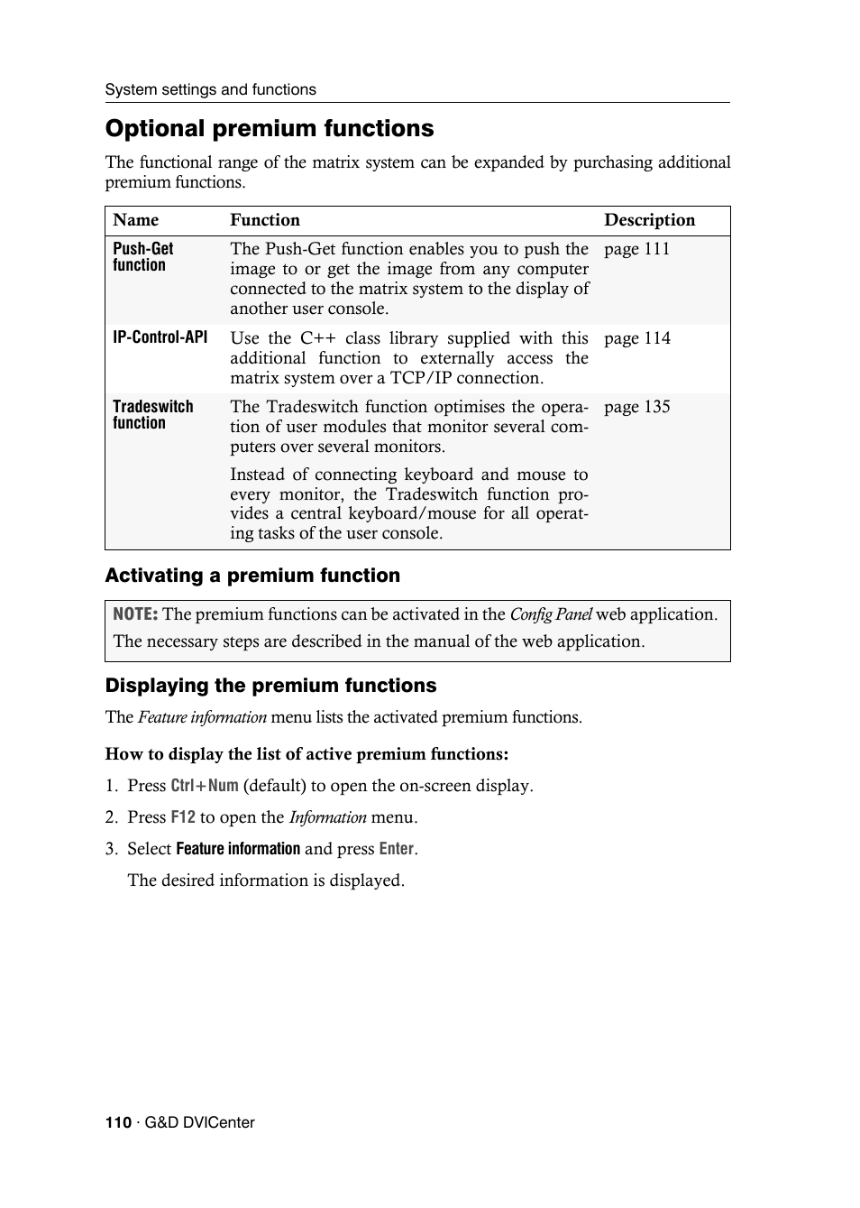 Optional premium functions, Activating a premium function, Displaying the premium functions | Guntermann & Drunck DVICenter DP16 Configuration and Operation User Manual | Page 118 / 152