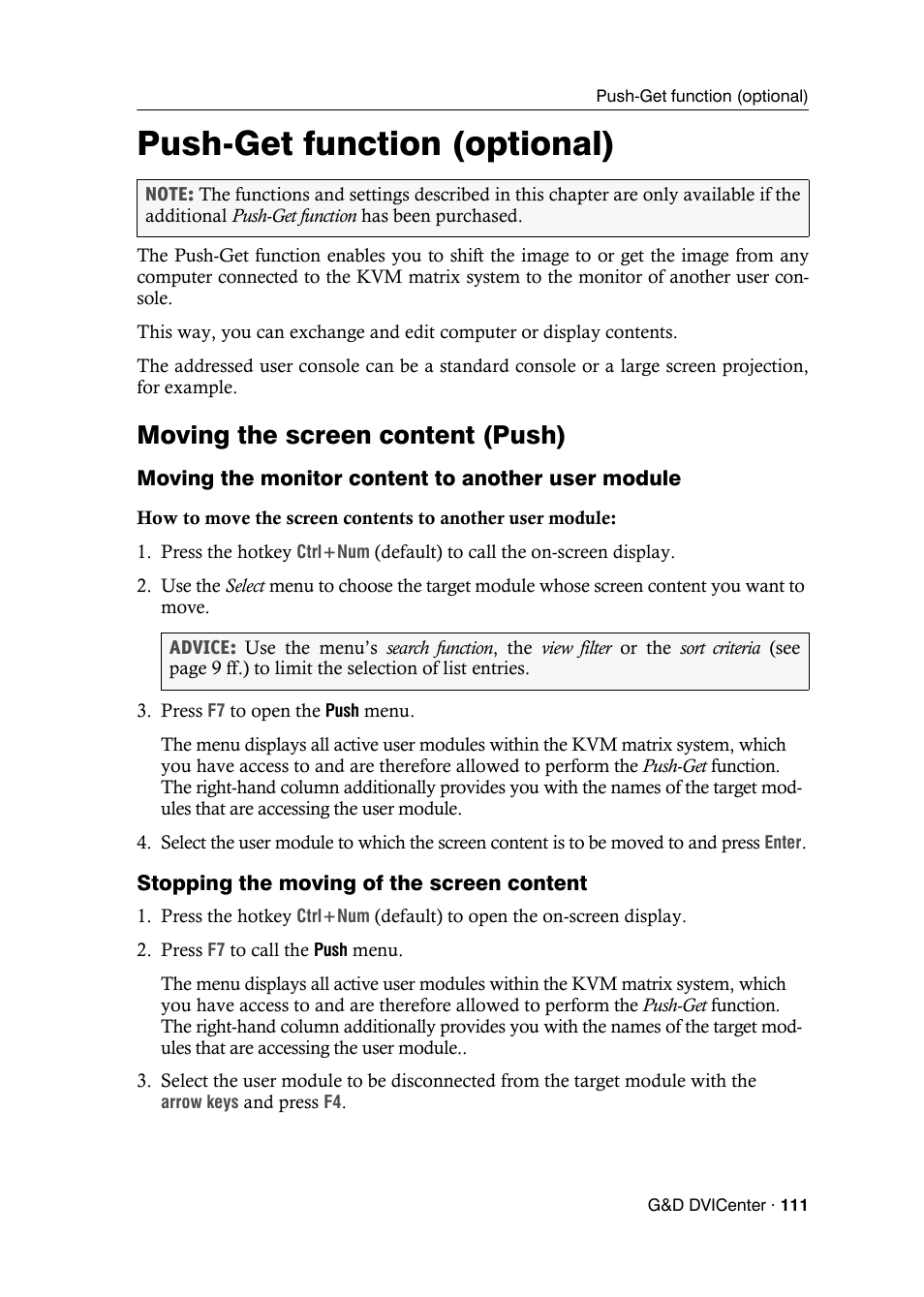 Push-get function (optional), Moving the screen content (push), Moving the monitor content to another user module | Stopping the moving of the screen content | Guntermann & Drunck DVICenter DP16 Configuration and Operation User Manual | Page 119 / 152