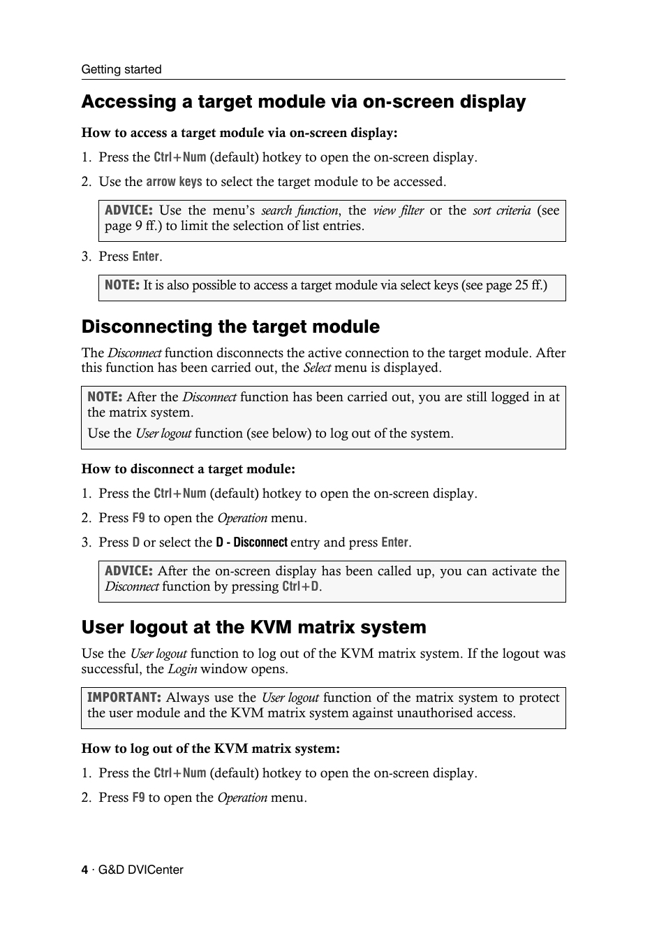Accessing a target module via on-screen display, Disconnecting the target module, User logout at the kvm matrix system | Guntermann & Drunck DVICenter DP16 Configuration and Operation User Manual | Page 12 / 152