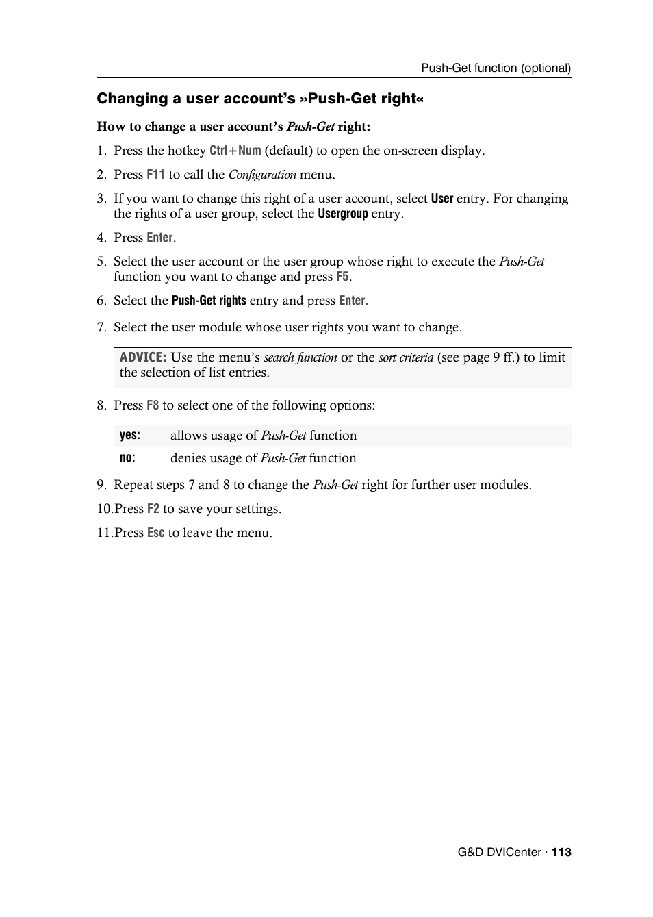 Changing a user account’s »push-get right | Guntermann & Drunck DVICenter DP16 Configuration and Operation User Manual | Page 121 / 152