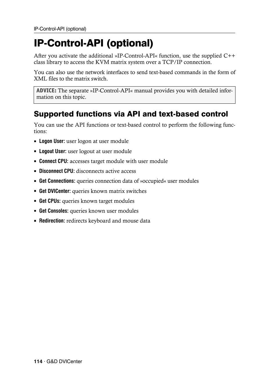 Ip-control-api (optional), Supported functions via api and text-based control | Guntermann & Drunck DVICenter DP16 Configuration and Operation User Manual | Page 122 / 152