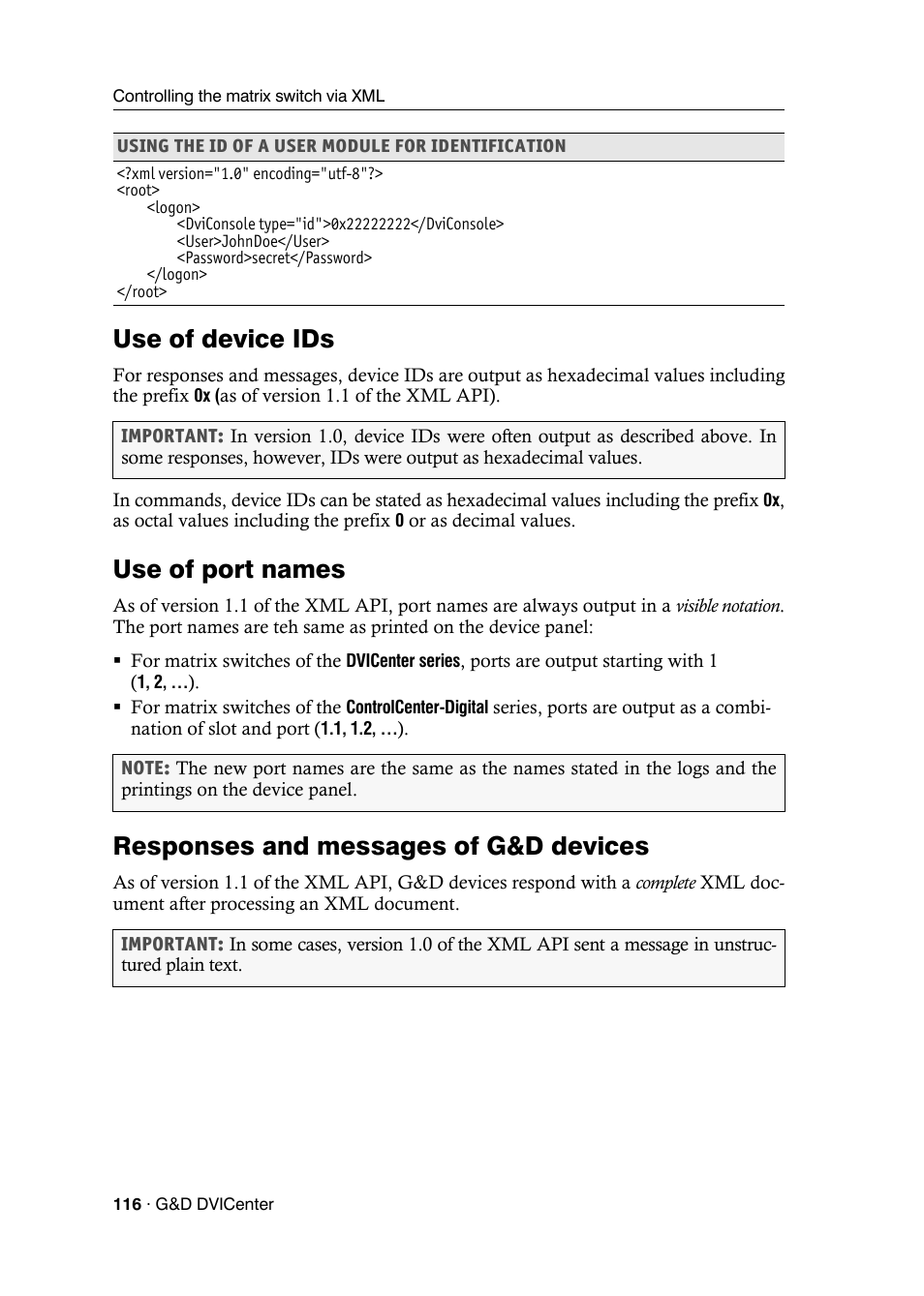 Use of device ids, Use of port names, Responses and messages of g&d devices | Guntermann & Drunck DVICenter DP16 Configuration and Operation User Manual | Page 124 / 152