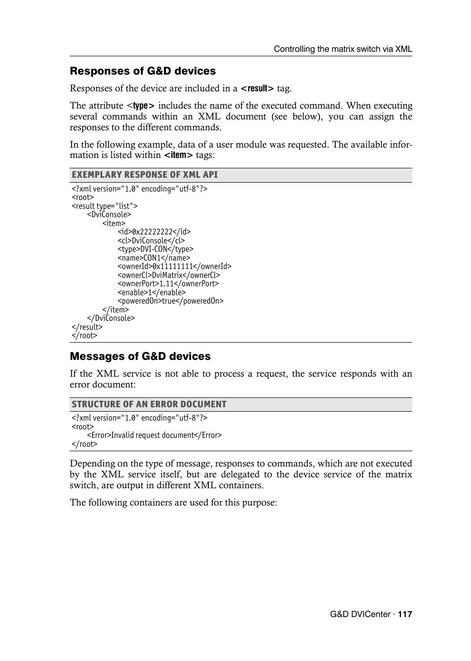 Responses of g&d devices, Messages of g&d devices | Guntermann & Drunck DVICenter DP16 Configuration and Operation User Manual | Page 125 / 152
