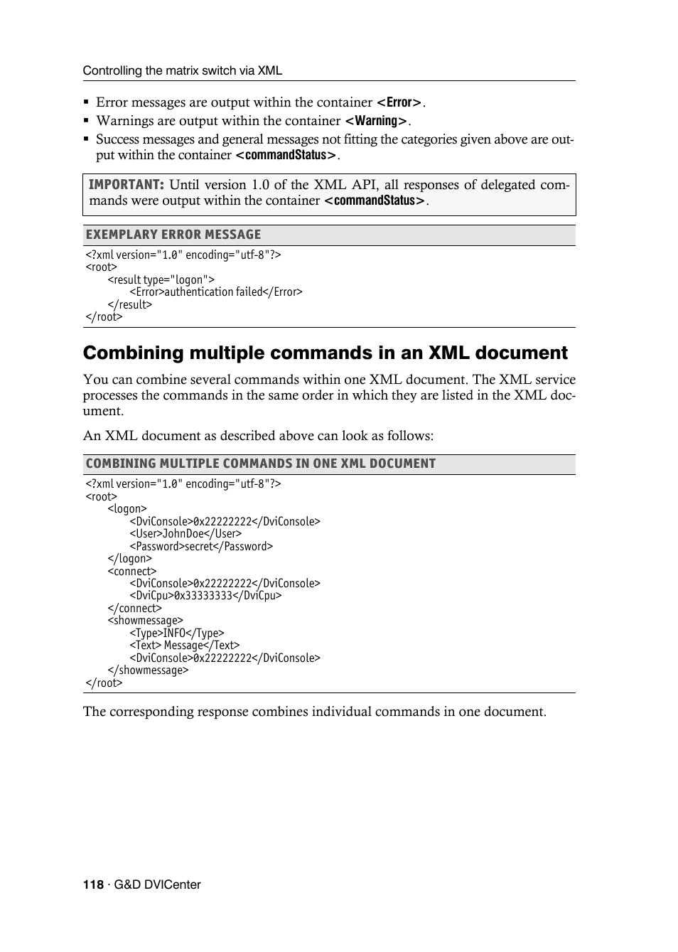 Combining multiple commands in an xml document | Guntermann & Drunck DVICenter DP16 Configuration and Operation User Manual | Page 126 / 152