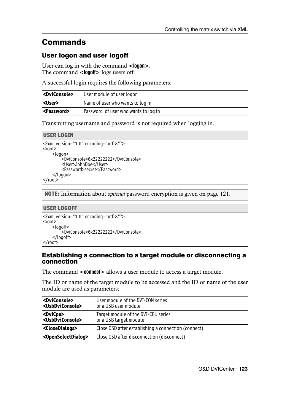 Commands, User logon and user logoff | Guntermann & Drunck DVICenter DP16 Configuration and Operation User Manual | Page 131 / 152