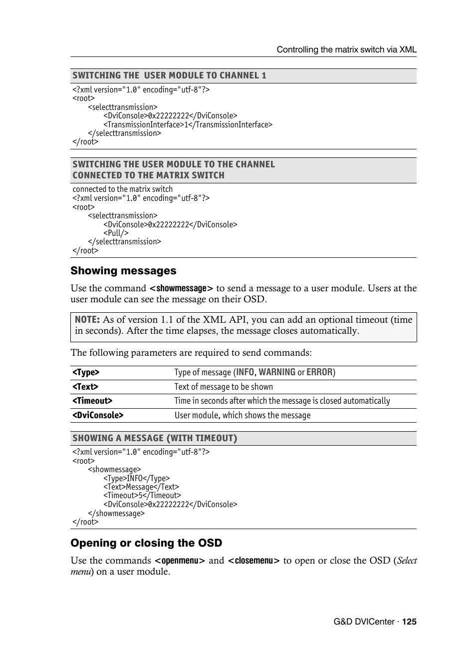 Showing messages, Opening or closing the osd | Guntermann & Drunck DVICenter DP16 Configuration and Operation User Manual | Page 133 / 152