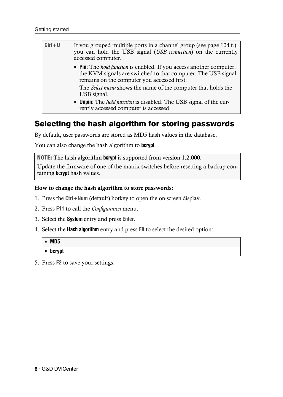 Selecting the hash algorithm for storing passwords | Guntermann & Drunck DVICenter DP16 Configuration and Operation User Manual | Page 14 / 152