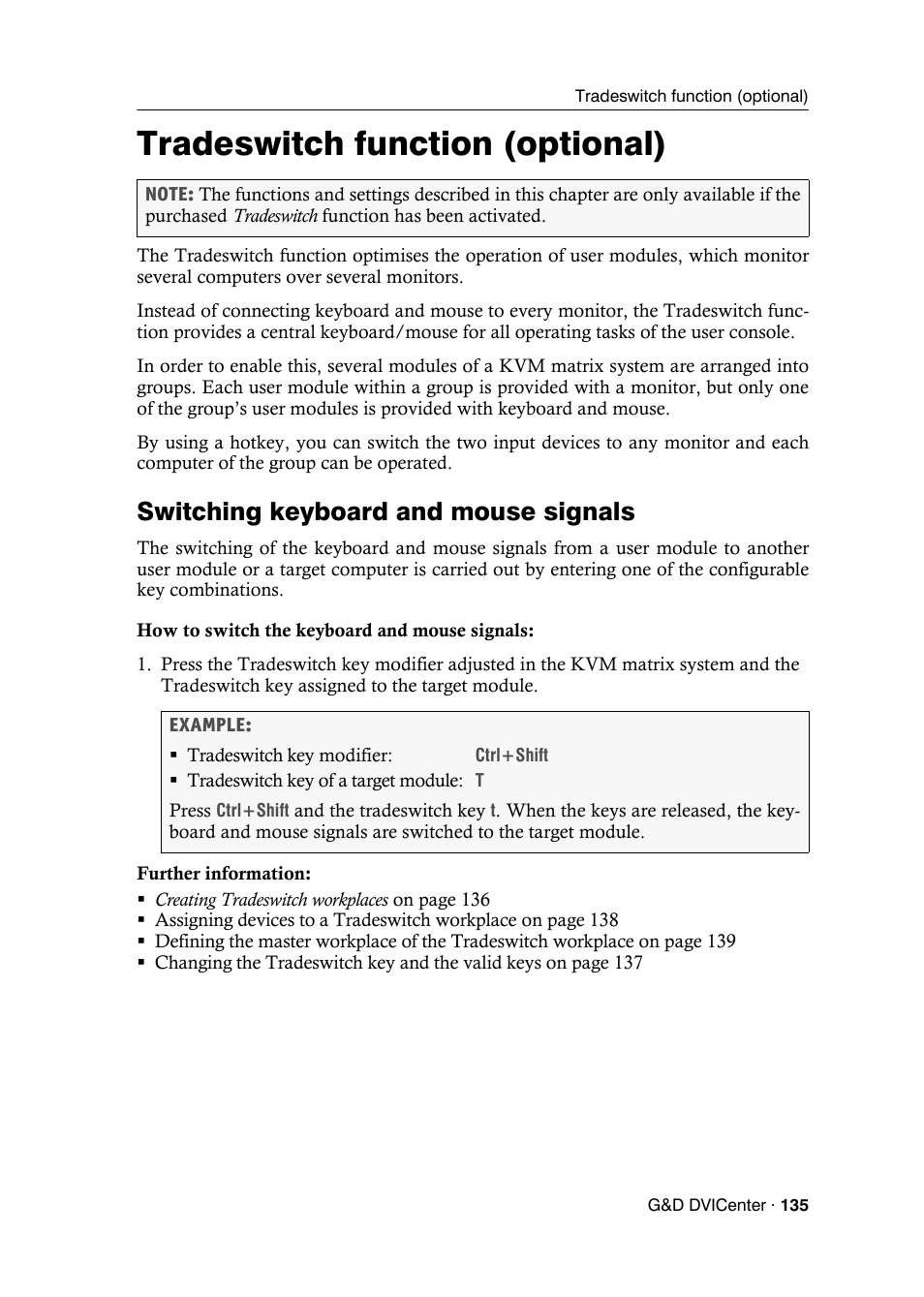 Tradeswitch function (optional), Switching keyboard and mouse signals | Guntermann & Drunck DVICenter DP16 Configuration and Operation User Manual | Page 143 / 152