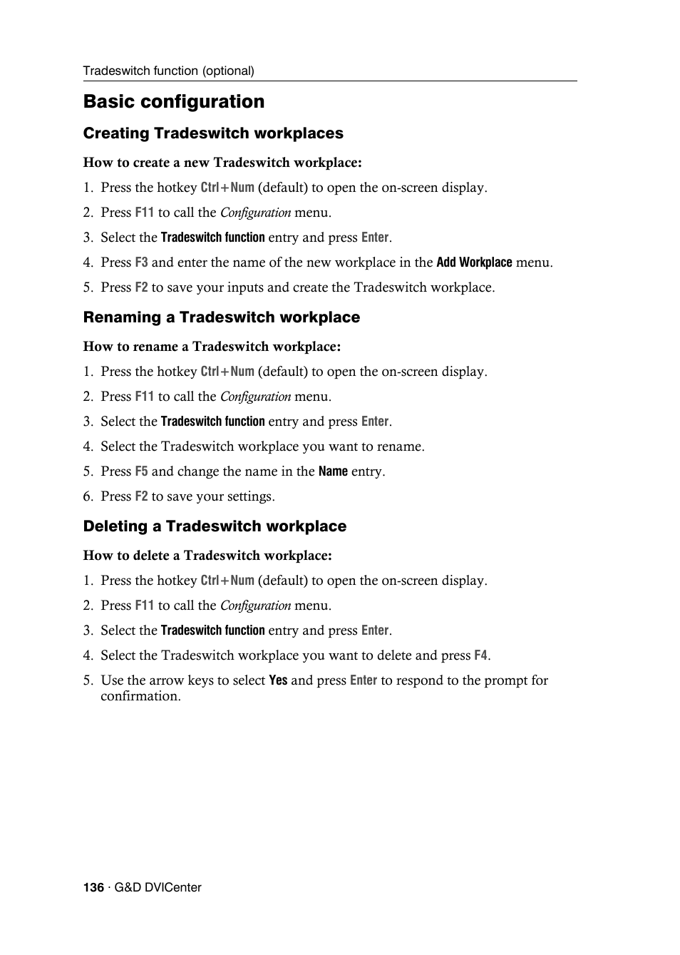 Basic configuration, Creating tradeswitch workplaces, Renaming a tradeswitch workplace | Deleting a tradeswitch workplace | Guntermann & Drunck DVICenter DP16 Configuration and Operation User Manual | Page 144 / 152