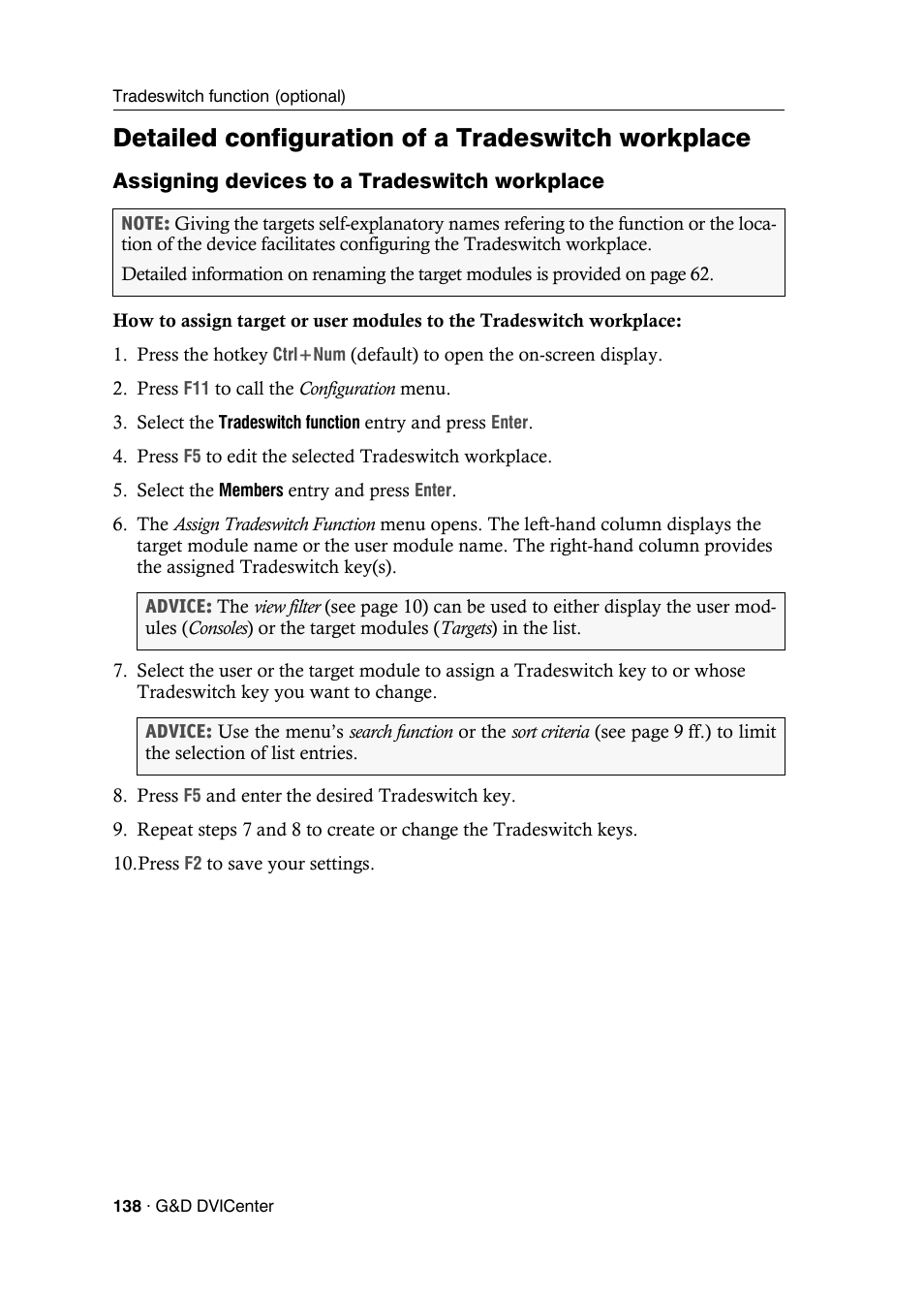 Detailed configuration of a tradeswitch workplace, Assigning devices to a tradeswitch workplace | Guntermann & Drunck DVICenter DP16 Configuration and Operation User Manual | Page 146 / 152