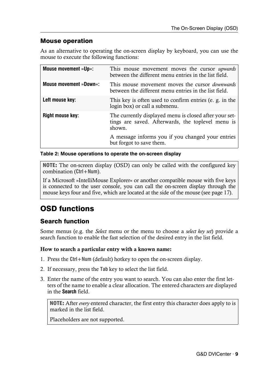 Mouse operation, Osd functions, Search function | Guntermann & Drunck DVICenter DP16 Configuration and Operation User Manual | Page 17 / 152