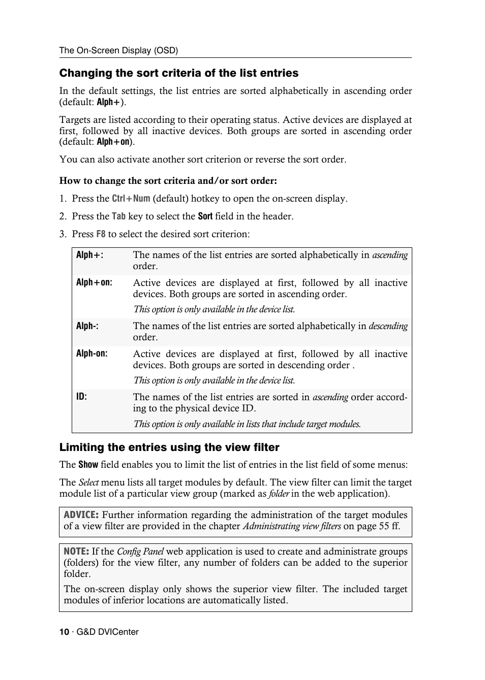 Changing the sort criteria of the list entries, Limiting the entries using the view filter | Guntermann & Drunck DVICenter DP16 Configuration and Operation User Manual | Page 18 / 152