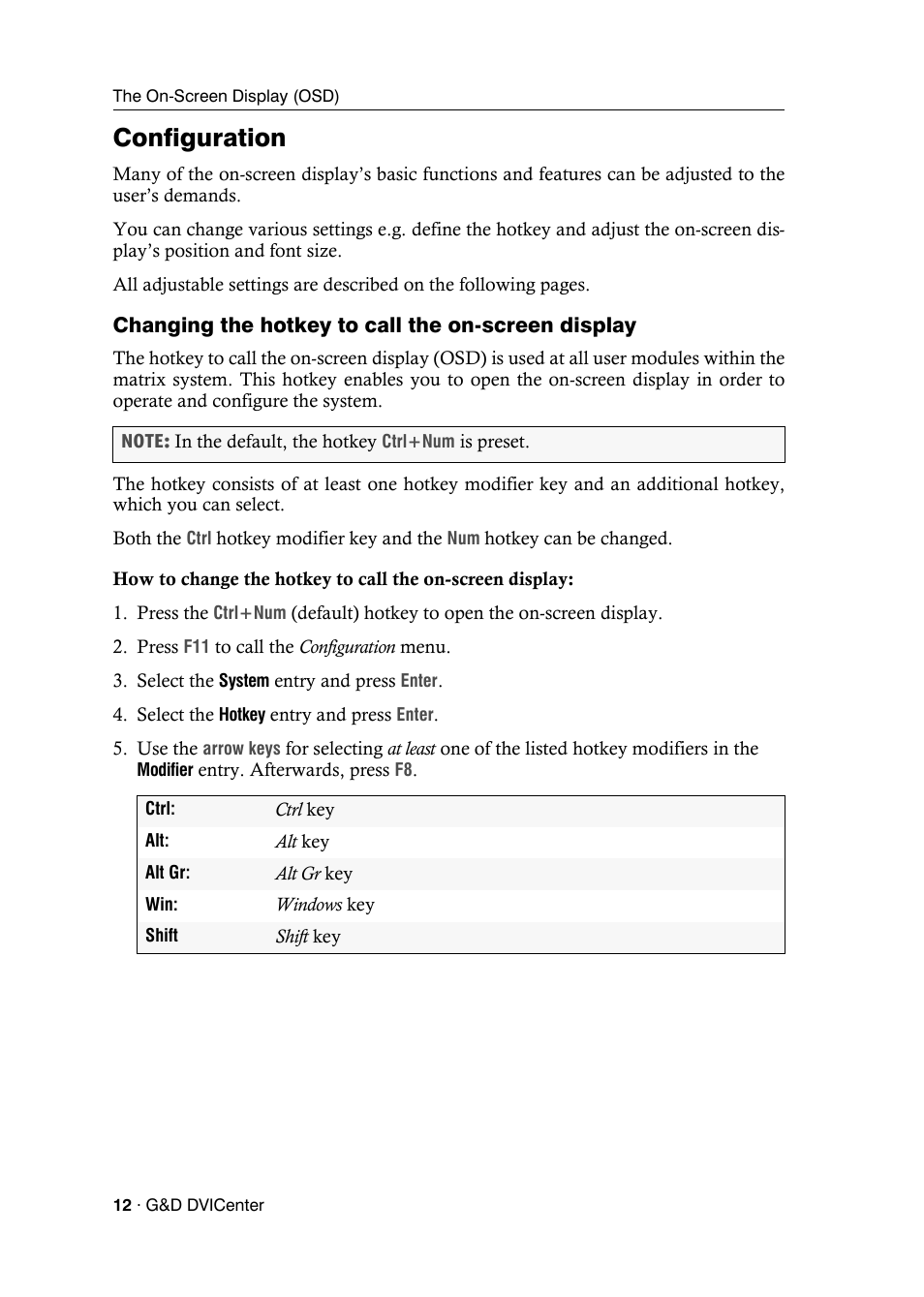 Configuration, Changing the hotkey to call the on-screen display | Guntermann & Drunck DVICenter DP16 Configuration and Operation User Manual | Page 20 / 152