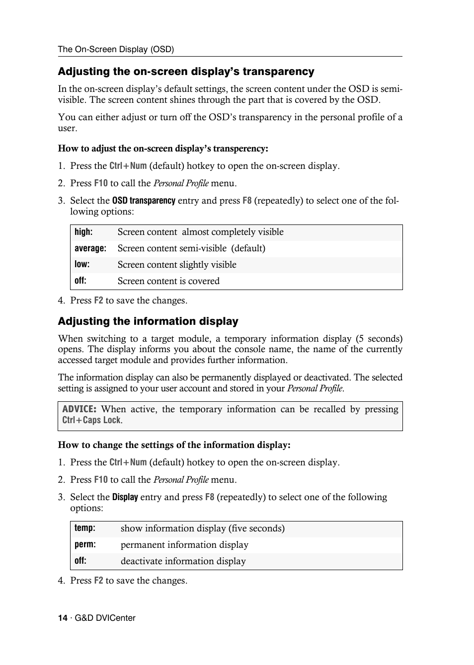 Adjusting the on-screen display’s transparency, Adjusting the information display | Guntermann & Drunck DVICenter DP16 Configuration and Operation User Manual | Page 22 / 152