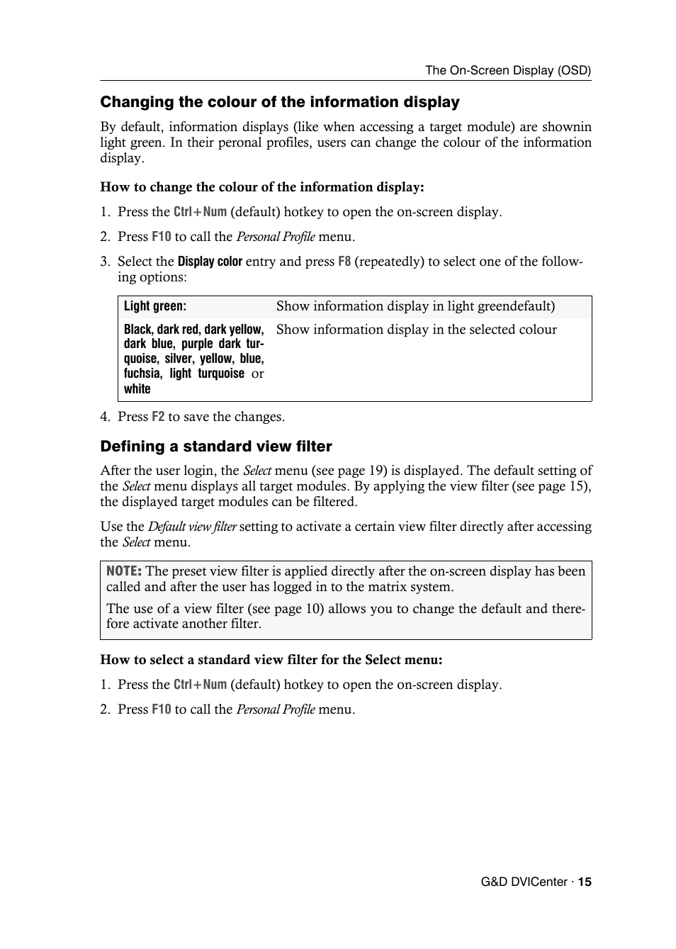Changing the colour of the information display, Defining a standard view filter | Guntermann & Drunck DVICenter DP16 Configuration and Operation User Manual | Page 23 / 152