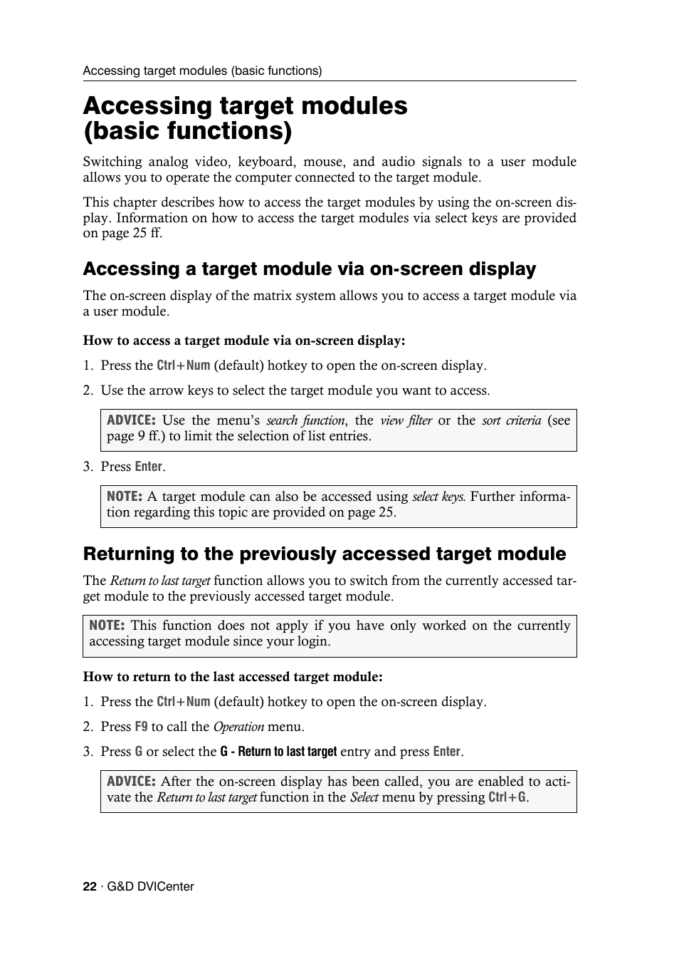 Accessing target modules (basic functions), Accessing a target module via on-screen display, Returning to the previously accessed target module | Guntermann & Drunck DVICenter DP16 Configuration and Operation User Manual | Page 30 / 152