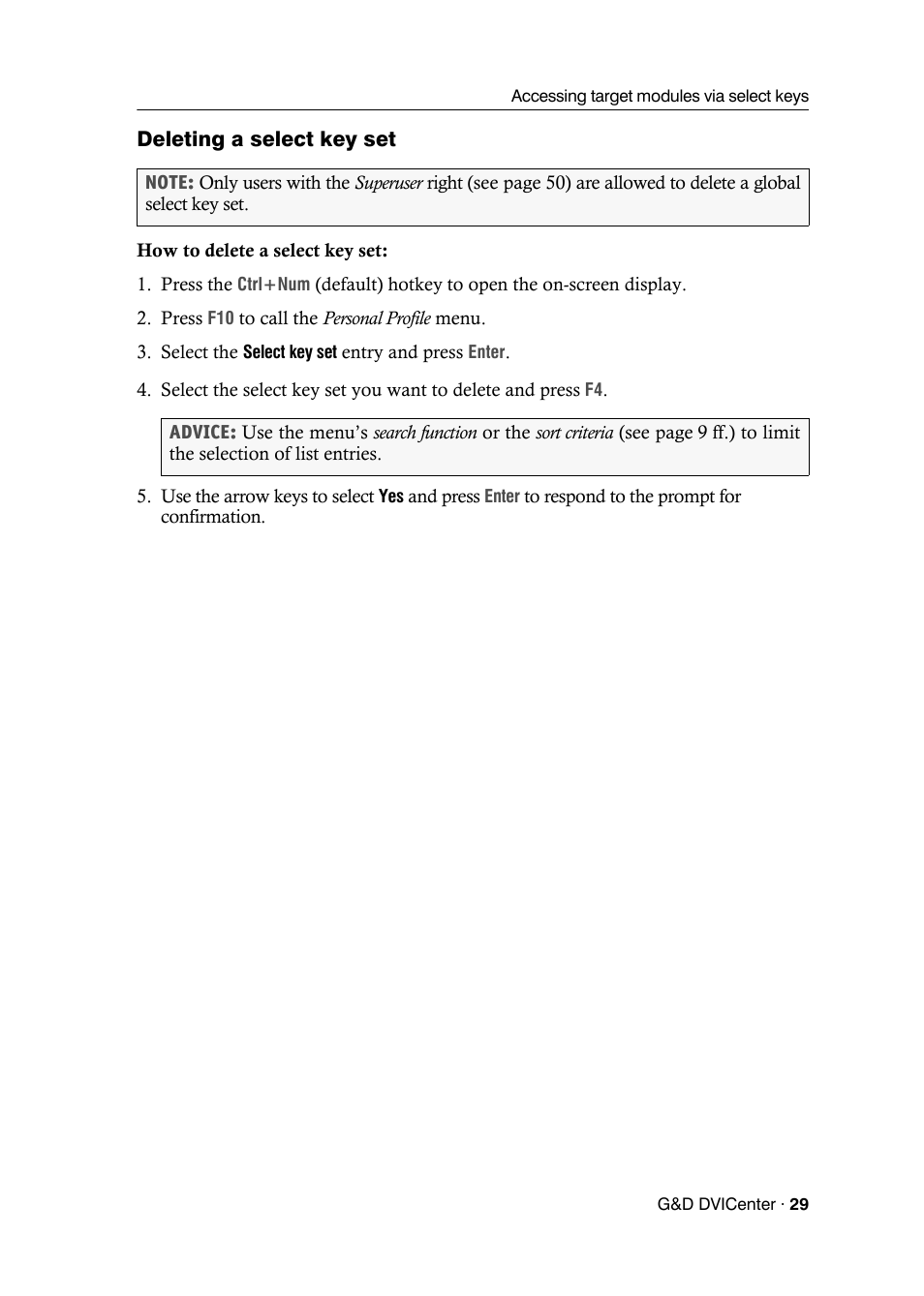 Deleting a select key set | Guntermann & Drunck DVICenter DP16 Configuration and Operation User Manual | Page 37 / 152