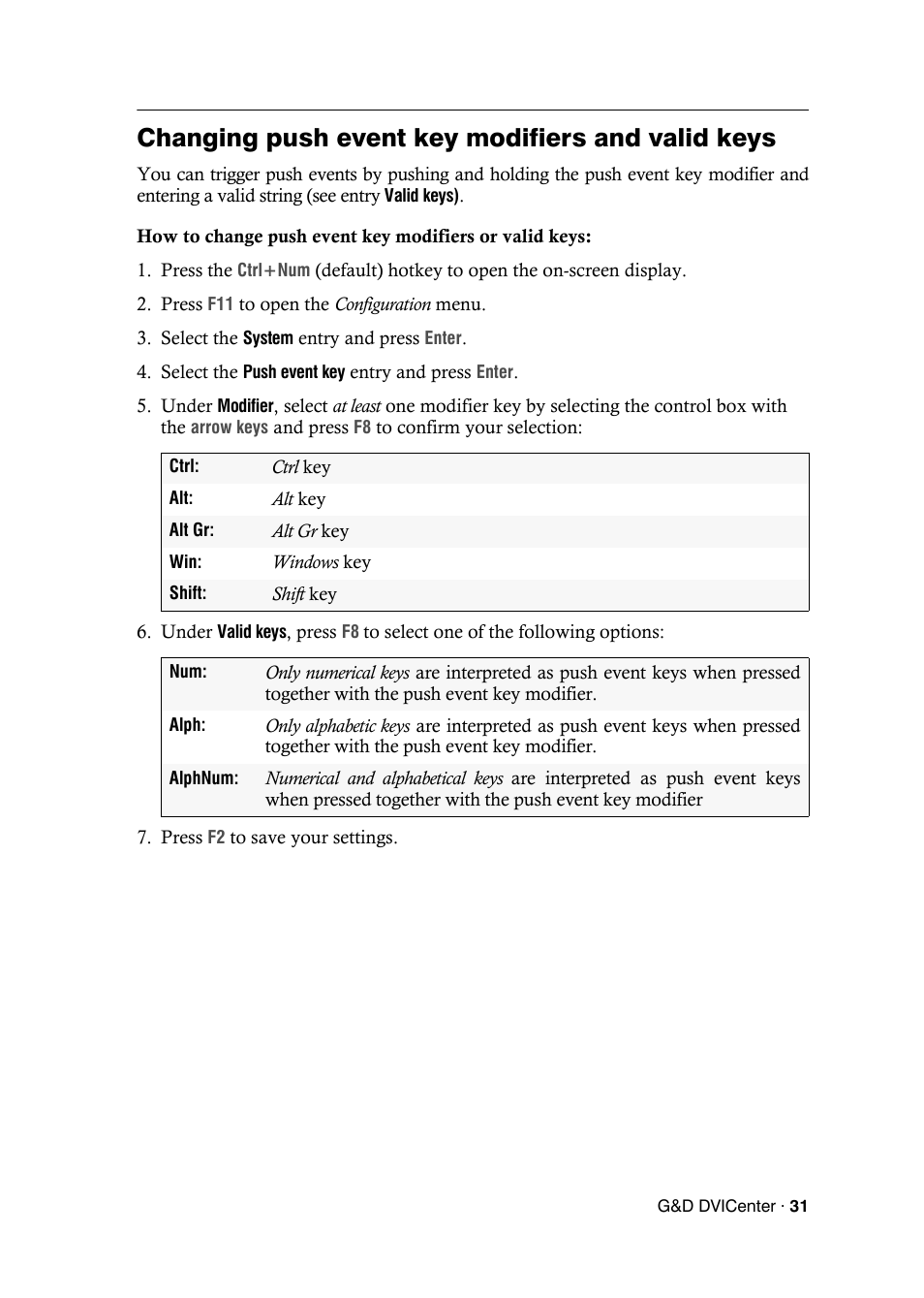 Changing push event key modifiers and valid keys | Guntermann & Drunck DVICenter DP16 Configuration and Operation User Manual | Page 39 / 152