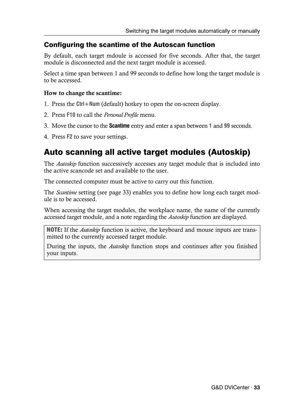 Configuring the scantime of the autoscan function, Auto scanning all active target modules (autoskip) | Guntermann & Drunck DVICenter DP16 Configuration and Operation User Manual | Page 41 / 152